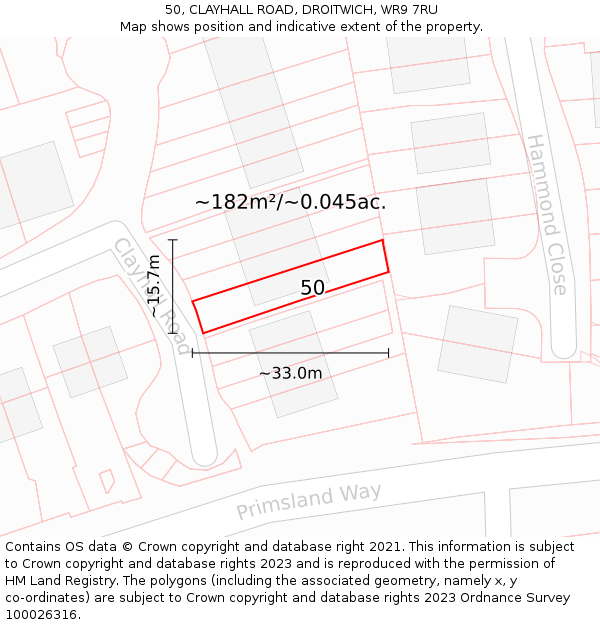 50, CLAYHALL ROAD, DROITWICH, WR9 7RU: Plot and title map