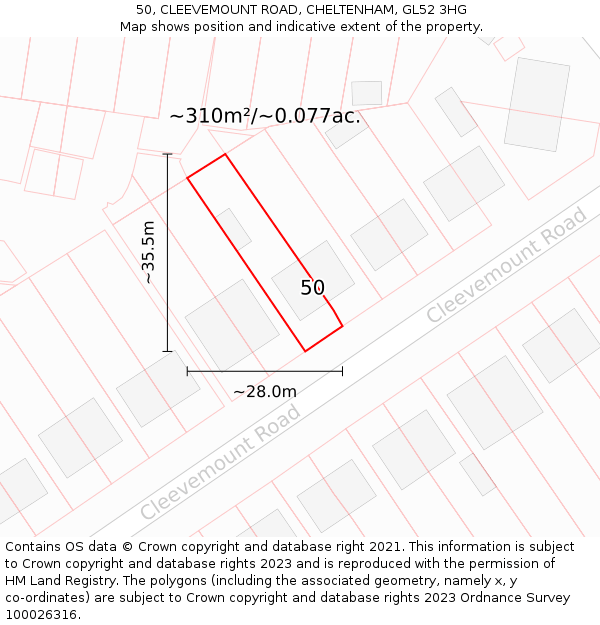50, CLEEVEMOUNT ROAD, CHELTENHAM, GL52 3HG: Plot and title map