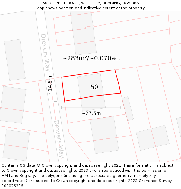 50, COPPICE ROAD, WOODLEY, READING, RG5 3RA: Plot and title map