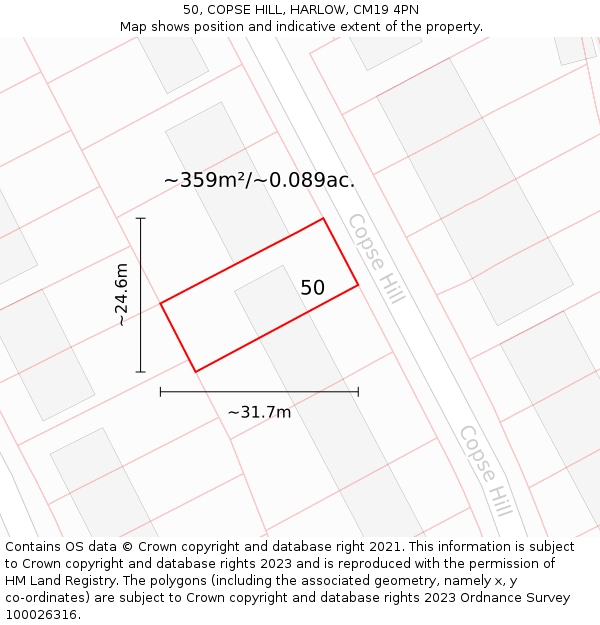 50, COPSE HILL, HARLOW, CM19 4PN: Plot and title map