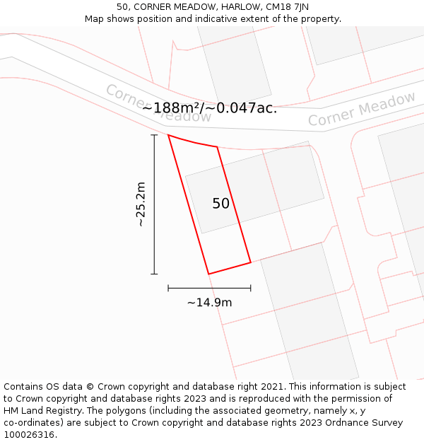 50, CORNER MEADOW, HARLOW, CM18 7JN: Plot and title map