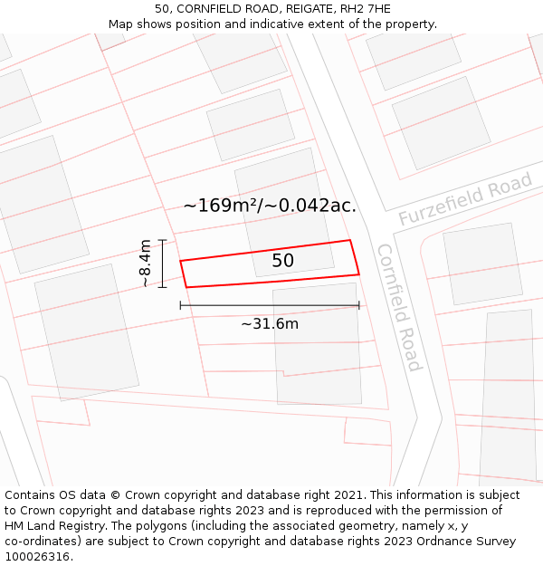 50, CORNFIELD ROAD, REIGATE, RH2 7HE: Plot and title map