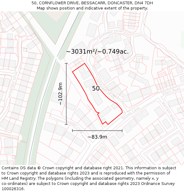 50, CORNFLOWER DRIVE, BESSACARR, DONCASTER, DN4 7DH: Plot and title map