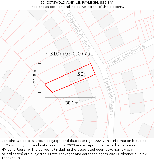 50, COTSWOLD AVENUE, RAYLEIGH, SS6 8AN: Plot and title map