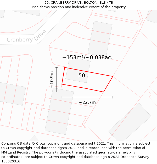 50, CRANBERRY DRIVE, BOLTON, BL3 4TB: Plot and title map