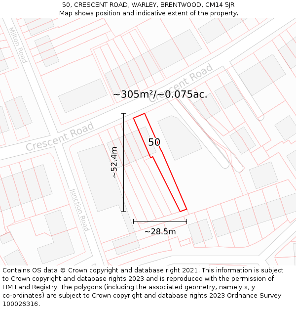 50, CRESCENT ROAD, WARLEY, BRENTWOOD, CM14 5JR: Plot and title map