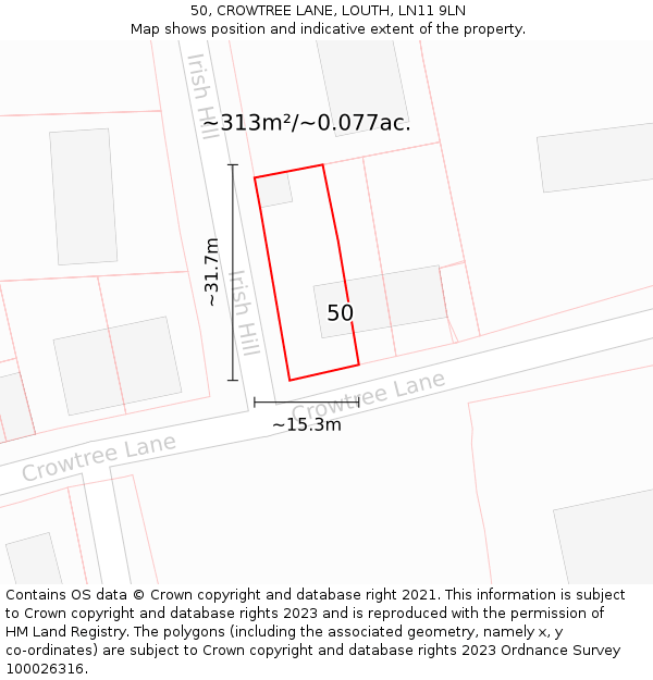 50, CROWTREE LANE, LOUTH, LN11 9LN: Plot and title map