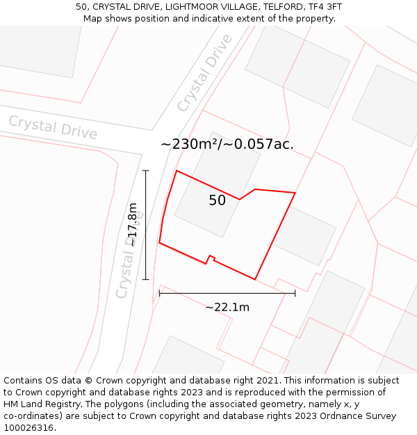 50, CRYSTAL DRIVE, LIGHTMOOR VILLAGE, TELFORD, TF4 3FT: Plot and title map