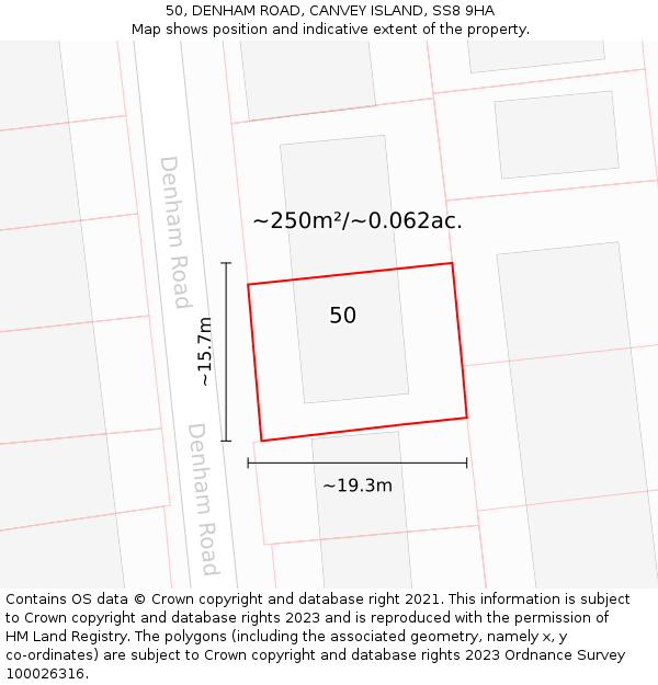 50, DENHAM ROAD, CANVEY ISLAND, SS8 9HA: Plot and title map