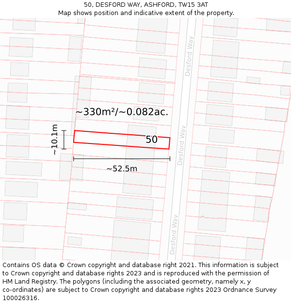 50, DESFORD WAY, ASHFORD, TW15 3AT: Plot and title map