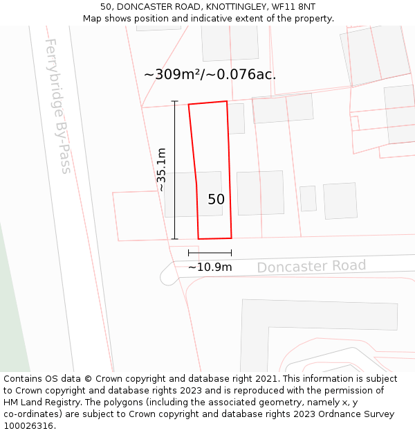 50, DONCASTER ROAD, KNOTTINGLEY, WF11 8NT: Plot and title map