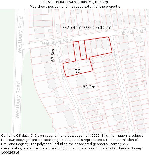 50, DOWNS PARK WEST, BRISTOL, BS6 7QL: Plot and title map