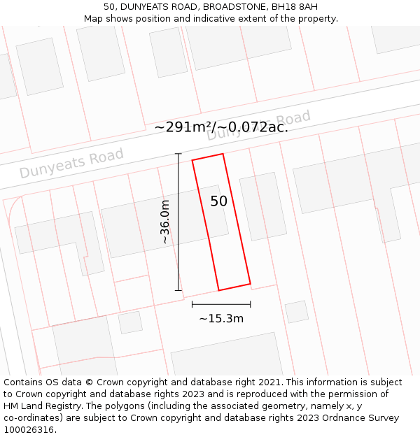 50, DUNYEATS ROAD, BROADSTONE, BH18 8AH: Plot and title map