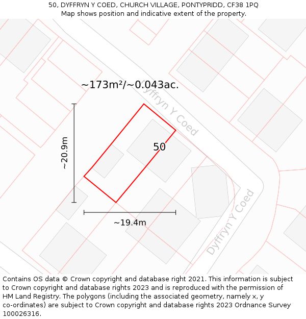 50, DYFFRYN Y COED, CHURCH VILLAGE, PONTYPRIDD, CF38 1PQ: Plot and title map