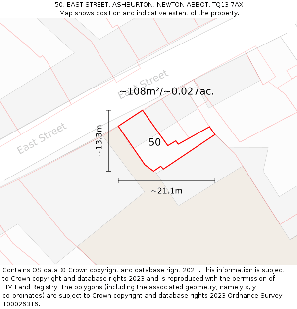 50, EAST STREET, ASHBURTON, NEWTON ABBOT, TQ13 7AX: Plot and title map