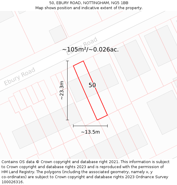 50, EBURY ROAD, NOTTINGHAM, NG5 1BB: Plot and title map