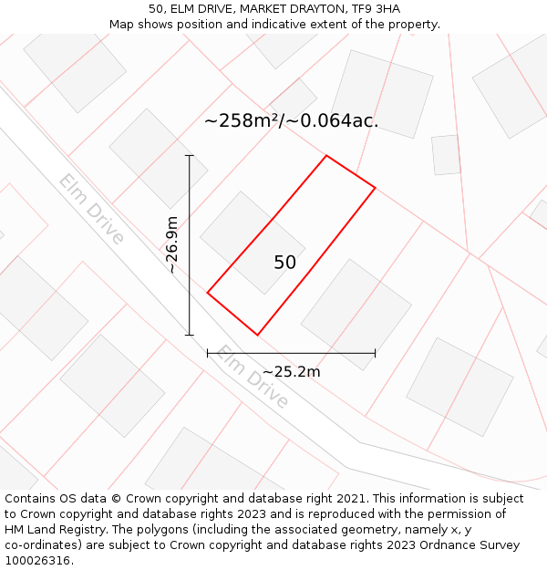 50, ELM DRIVE, MARKET DRAYTON, TF9 3HA: Plot and title map