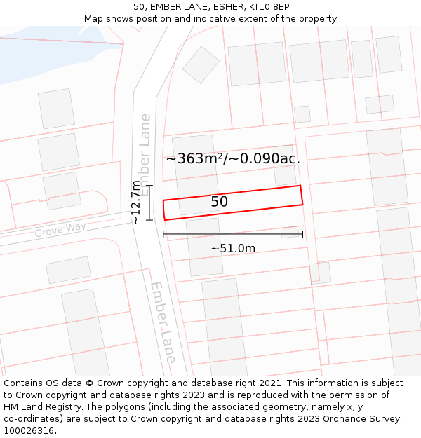 50, EMBER LANE, ESHER, KT10 8EP: Plot and title map