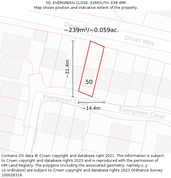 50, EVERGREEN CLOSE, EXMOUTH, EX8 4RR: Plot and title map