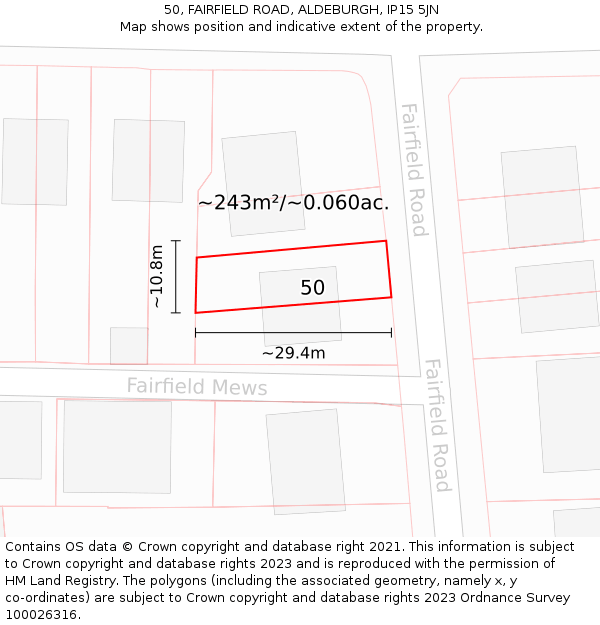 50, FAIRFIELD ROAD, ALDEBURGH, IP15 5JN: Plot and title map