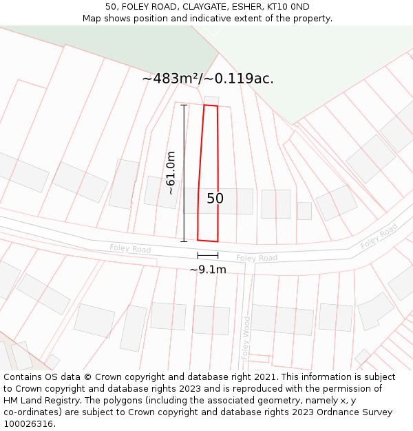 50, FOLEY ROAD, CLAYGATE, ESHER, KT10 0ND: Plot and title map