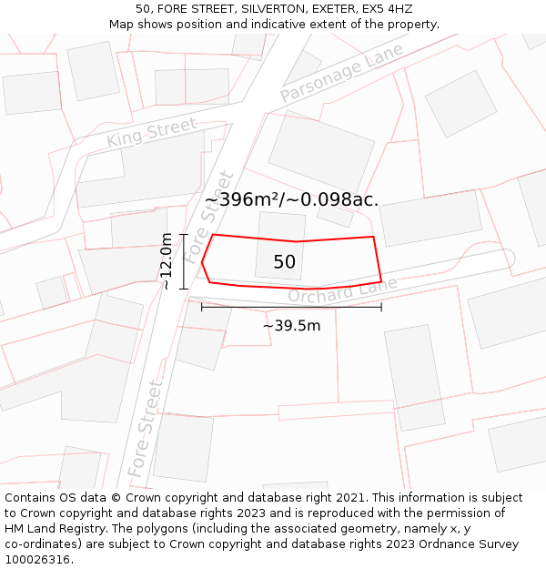 50, FORE STREET, SILVERTON, EXETER, EX5 4HZ: Plot and title map