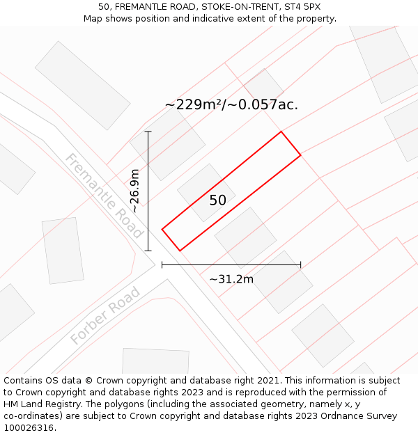 50, FREMANTLE ROAD, STOKE-ON-TRENT, ST4 5PX: Plot and title map