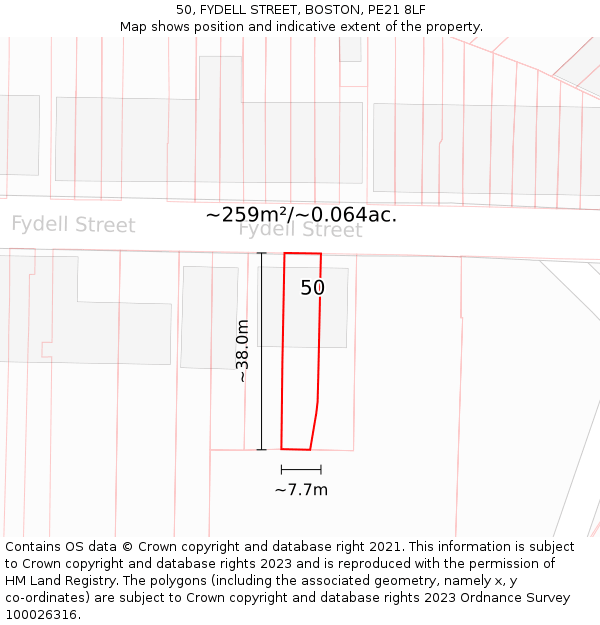 50, FYDELL STREET, BOSTON, PE21 8LF: Plot and title map