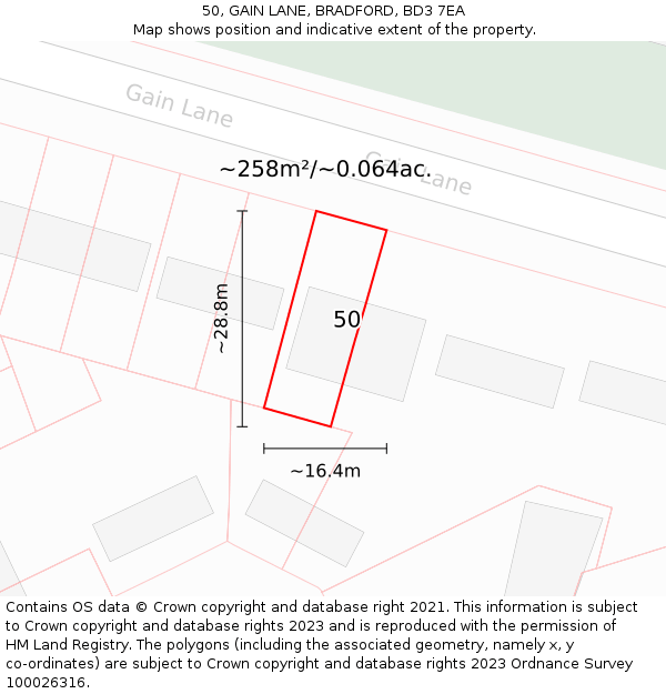 50, GAIN LANE, BRADFORD, BD3 7EA: Plot and title map