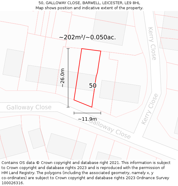 50, GALLOWAY CLOSE, BARWELL, LEICESTER, LE9 8HL: Plot and title map