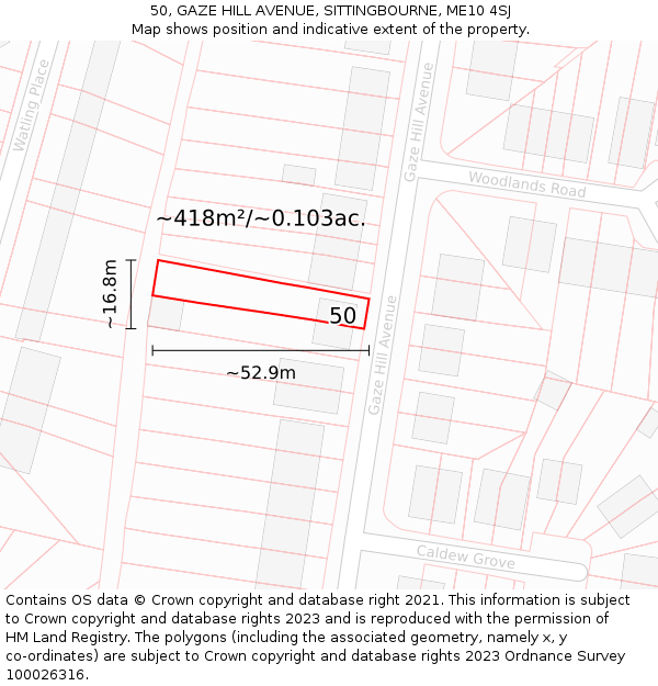 50, GAZE HILL AVENUE, SITTINGBOURNE, ME10 4SJ: Plot and title map