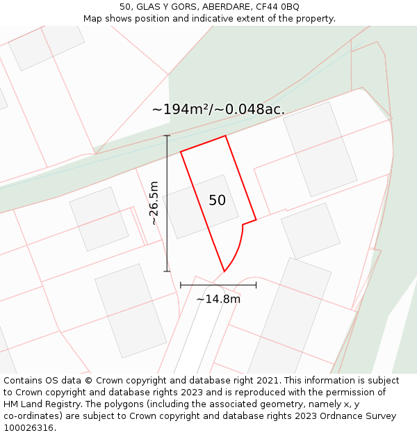 50, GLAS Y GORS, ABERDARE, CF44 0BQ: Plot and title map