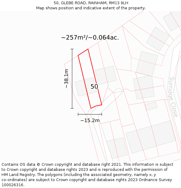 50, GLEBE ROAD, RAINHAM, RM13 9LH: Plot and title map