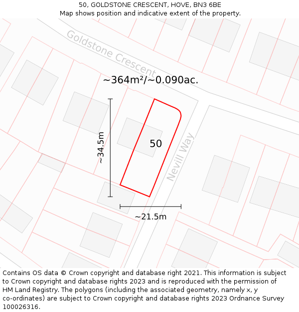 50, GOLDSTONE CRESCENT, HOVE, BN3 6BE: Plot and title map