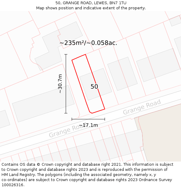 50, GRANGE ROAD, LEWES, BN7 1TU: Plot and title map