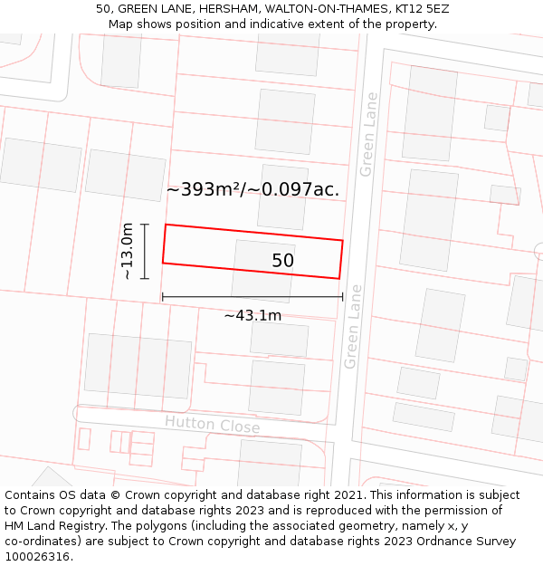 50, GREEN LANE, HERSHAM, WALTON-ON-THAMES, KT12 5EZ: Plot and title map