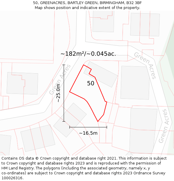 50, GREENACRES, BARTLEY GREEN, BIRMINGHAM, B32 3BF: Plot and title map