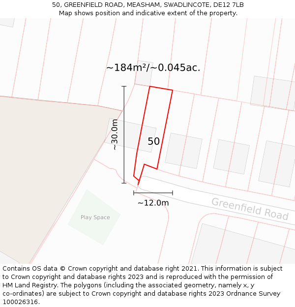 50, GREENFIELD ROAD, MEASHAM, SWADLINCOTE, DE12 7LB: Plot and title map