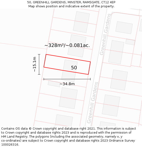 50, GREENHILL GARDENS, MINSTER, RAMSGATE, CT12 4EP: Plot and title map