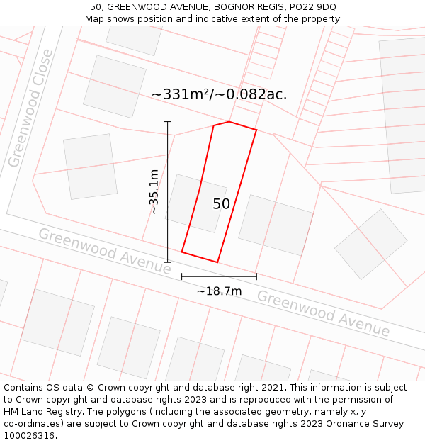 50, GREENWOOD AVENUE, BOGNOR REGIS, PO22 9DQ: Plot and title map