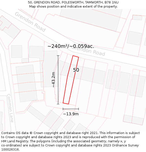 50, GRENDON ROAD, POLESWORTH, TAMWORTH, B78 1NU: Plot and title map