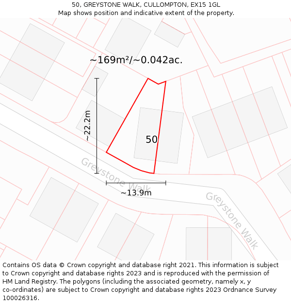 50, GREYSTONE WALK, CULLOMPTON, EX15 1GL: Plot and title map