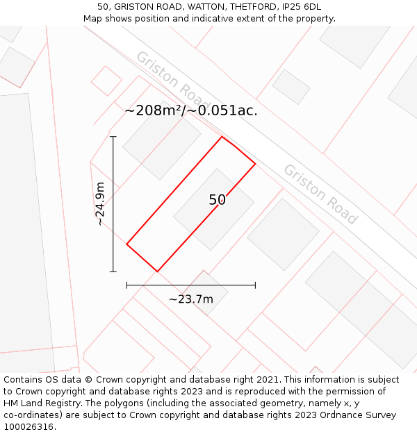 50, GRISTON ROAD, WATTON, THETFORD, IP25 6DL: Plot and title map