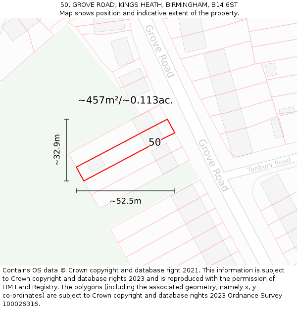 50, GROVE ROAD, KINGS HEATH, BIRMINGHAM, B14 6ST: Plot and title map