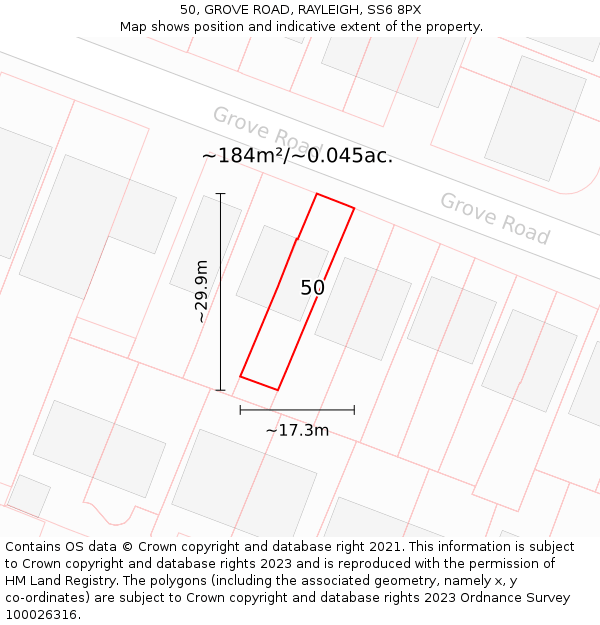 50, GROVE ROAD, RAYLEIGH, SS6 8PX: Plot and title map