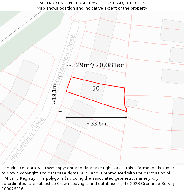 50, HACKENDEN CLOSE, EAST GRINSTEAD, RH19 3DS: Plot and title map