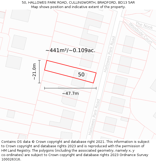 50, HALLOWES PARK ROAD, CULLINGWORTH, BRADFORD, BD13 5AR: Plot and title map