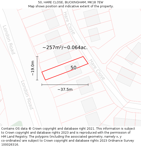 50, HARE CLOSE, BUCKINGHAM, MK18 7EW: Plot and title map