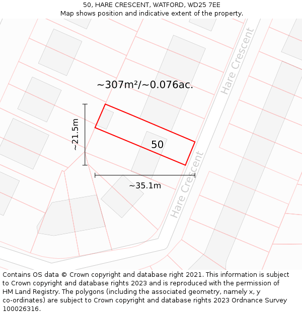 50, HARE CRESCENT, WATFORD, WD25 7EE: Plot and title map