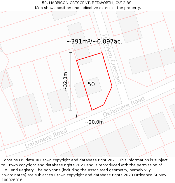 50, HARRISON CRESCENT, BEDWORTH, CV12 8SL: Plot and title map